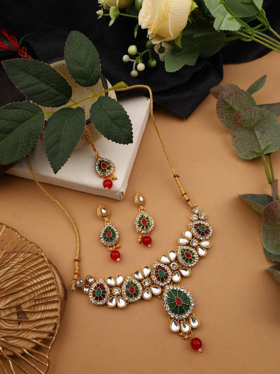 vita bella green & maroon gold-plated cz-studded & beaded jewellery set