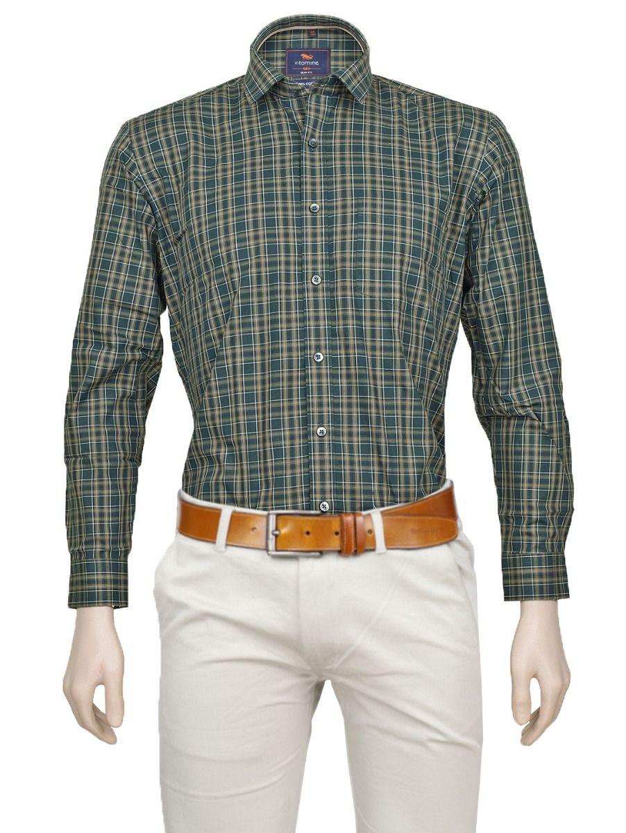 vitomine casual cotton checked green shirt