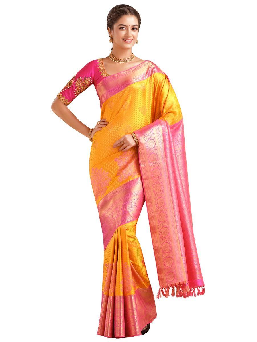 vivaha goddess pure kanchipuram yellow silk saree