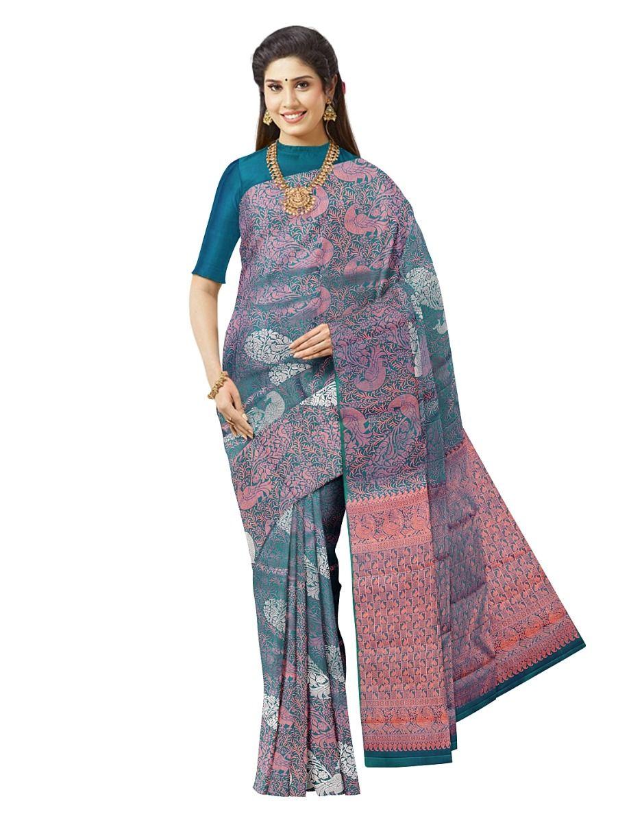 vivaha wedding kanchipuram teal silk saree - pee2076537