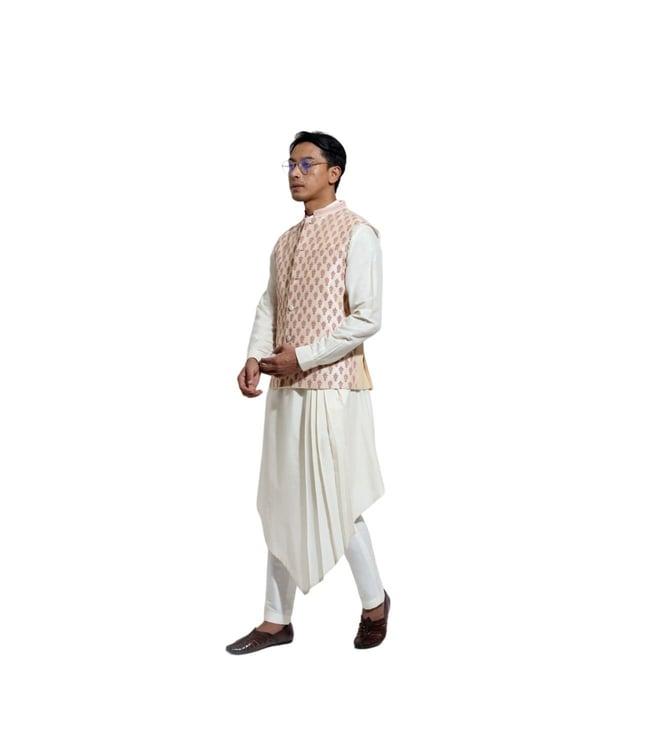 vivek karunakaran beige sleeveless bandi with linear motif couching embroidery