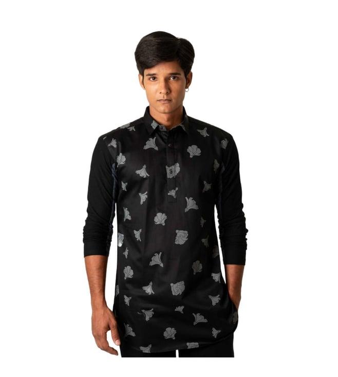 vivek karunakaran black long shirt with all over tulip print and colorblocked jersey sleeve