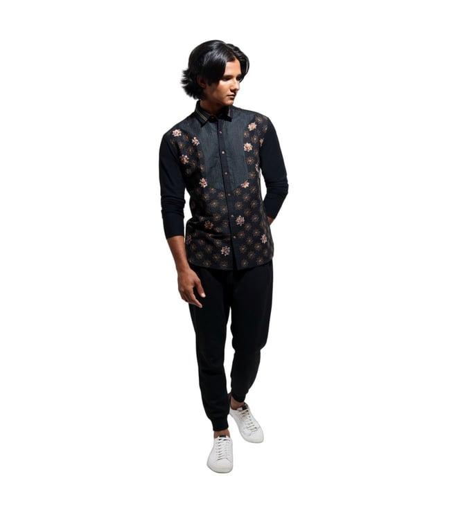 vivek karunakaran black long sleeve shirt with kalamkari star embroidery with jersey sleeve
