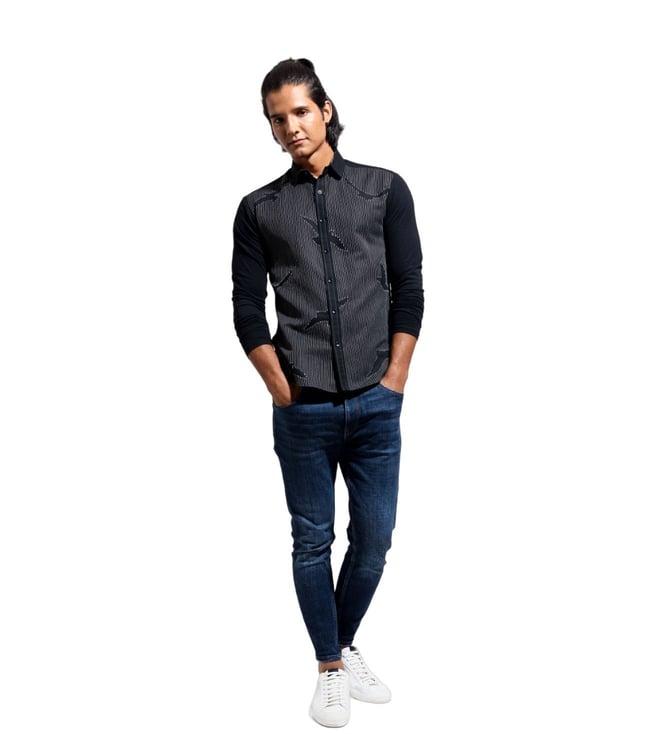 vivek karunakaran black long sleeve shirt with topstitch creating bird emb and jersey sleeves