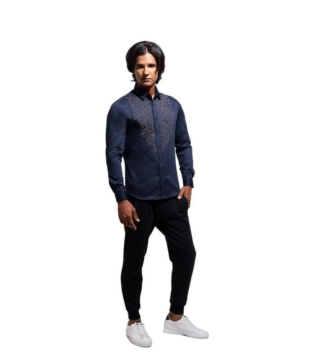 vivek karunakaran blue long sleeve shirt with paisley couching embroidery