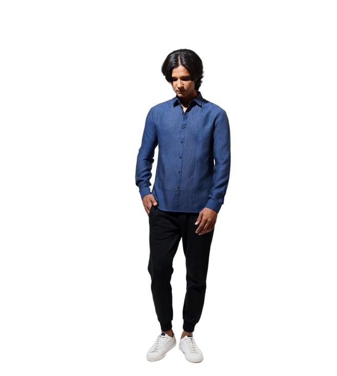 vivek karunakaran blue long sleeve shirt with stitch down pintuck along front