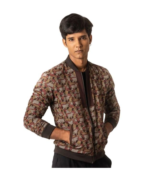 vivek karunakaran brown bomber jacket in camo print & linear patch