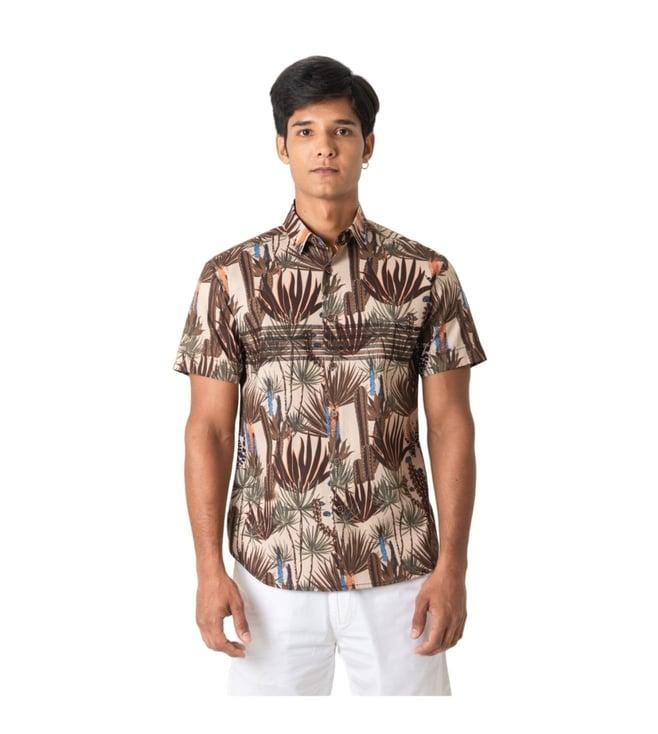 vivek karunakaran brown short sleeve cacti print shirt with horizontal detail