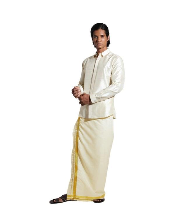 vivek karunakaran cream long sleeve shirt with embroidery detail on concealed placket