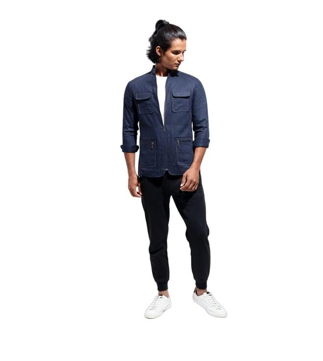 vivek karunakaran navy shaket in linen with zipper at front and patch pocket as front