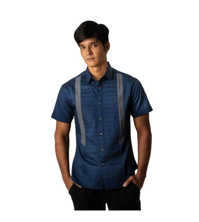 vivek karunakaran navy short sleeve shirt with horizontal pintuck and liner patch applique