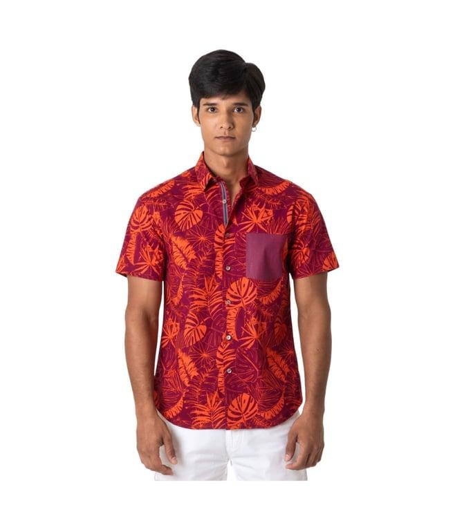 vivek karunakaran orange short sleeve shirt with regimental tape on underplacket