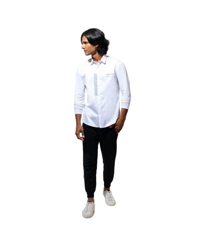 vivek karunakaran white long sleeve shirt with flawsome print and jersey sleeves