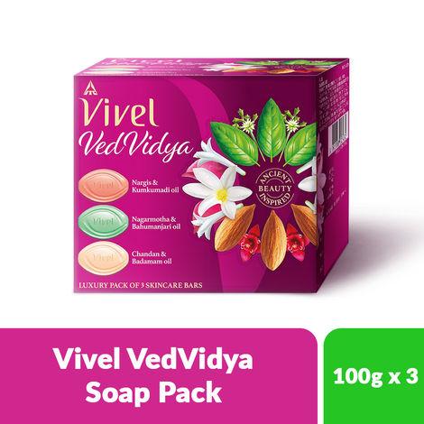 vivel vedvidya luxury pack of 3 skincare soaps for soft, even-toned, clear, radiant and glowing skin, suitable for all skin types, 100g pack of 3