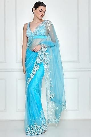 vivid sky blue net & polyester satin embroidered saree