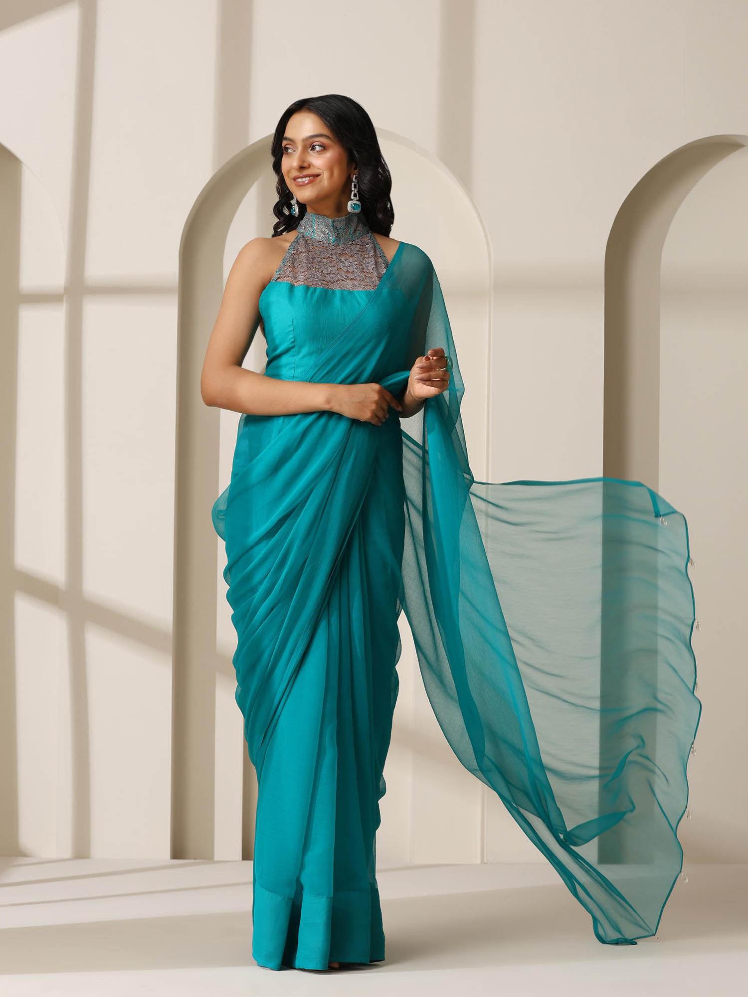 vivid sea green chiffon saree with unstitched blouse