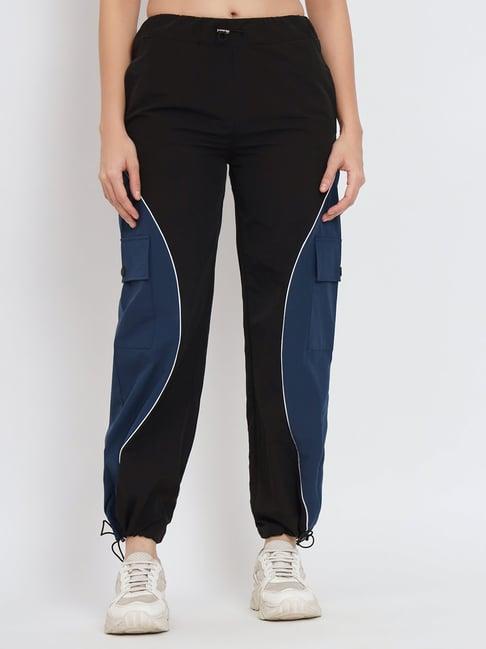 vividartsy blue & black relaxed fit mid rise parachute joggers