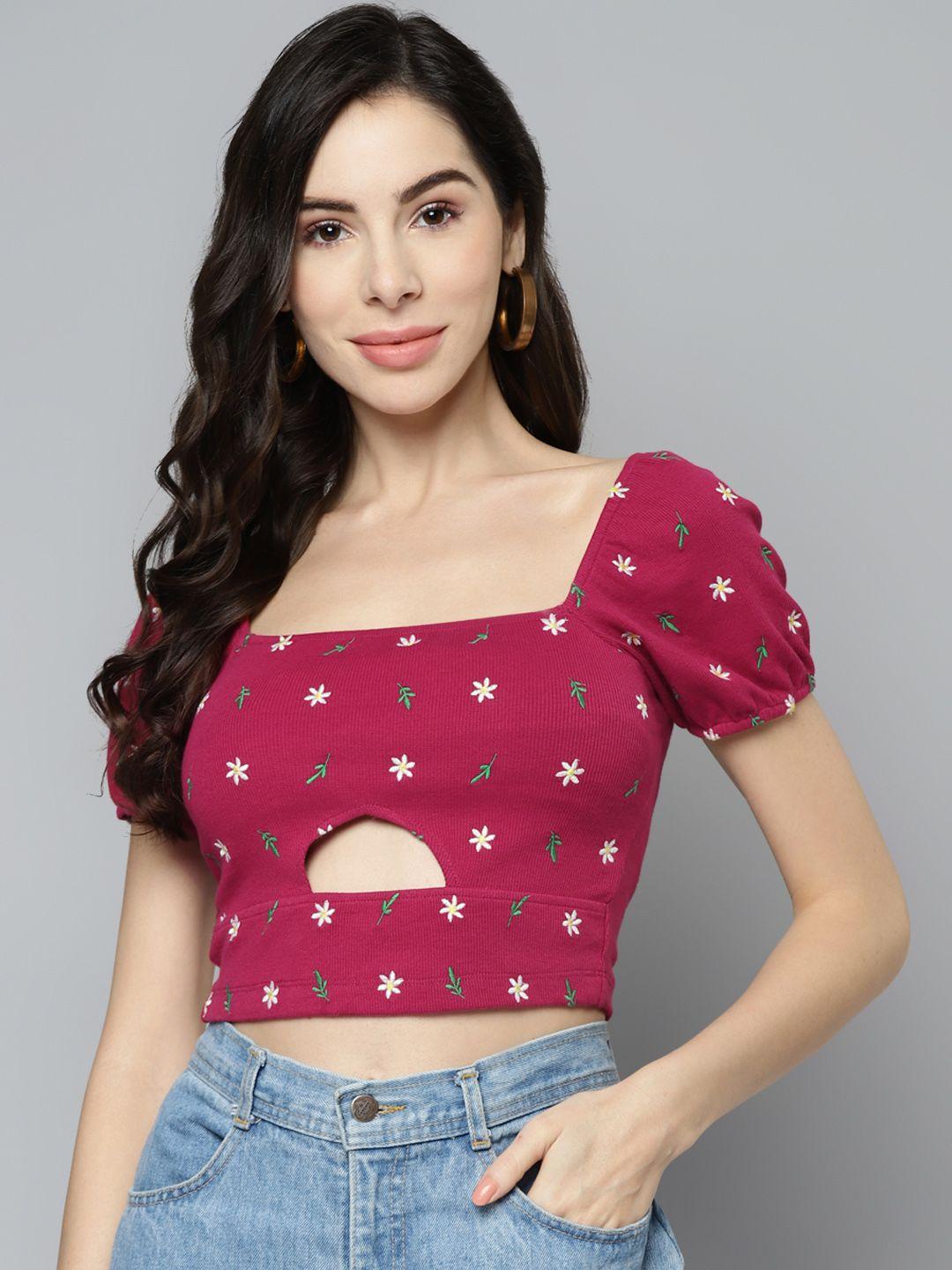 vividartsy burgundy & white floral embroidered crop top