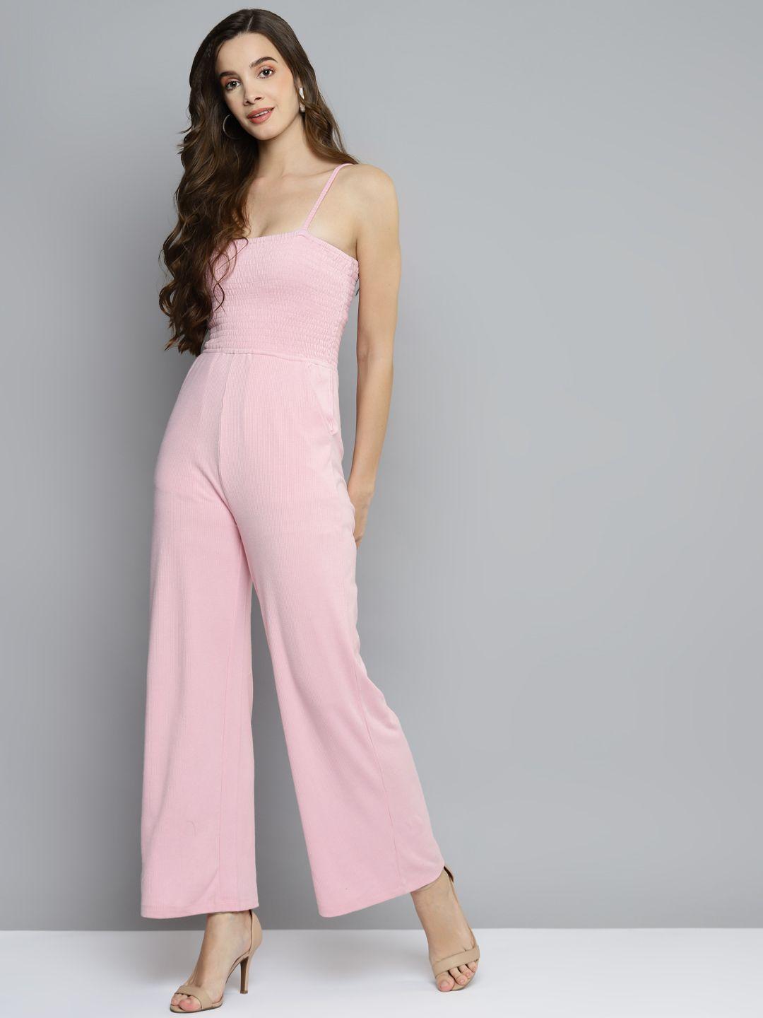 vividartsy pink shoulder straps smocked detail basic jumpsuit