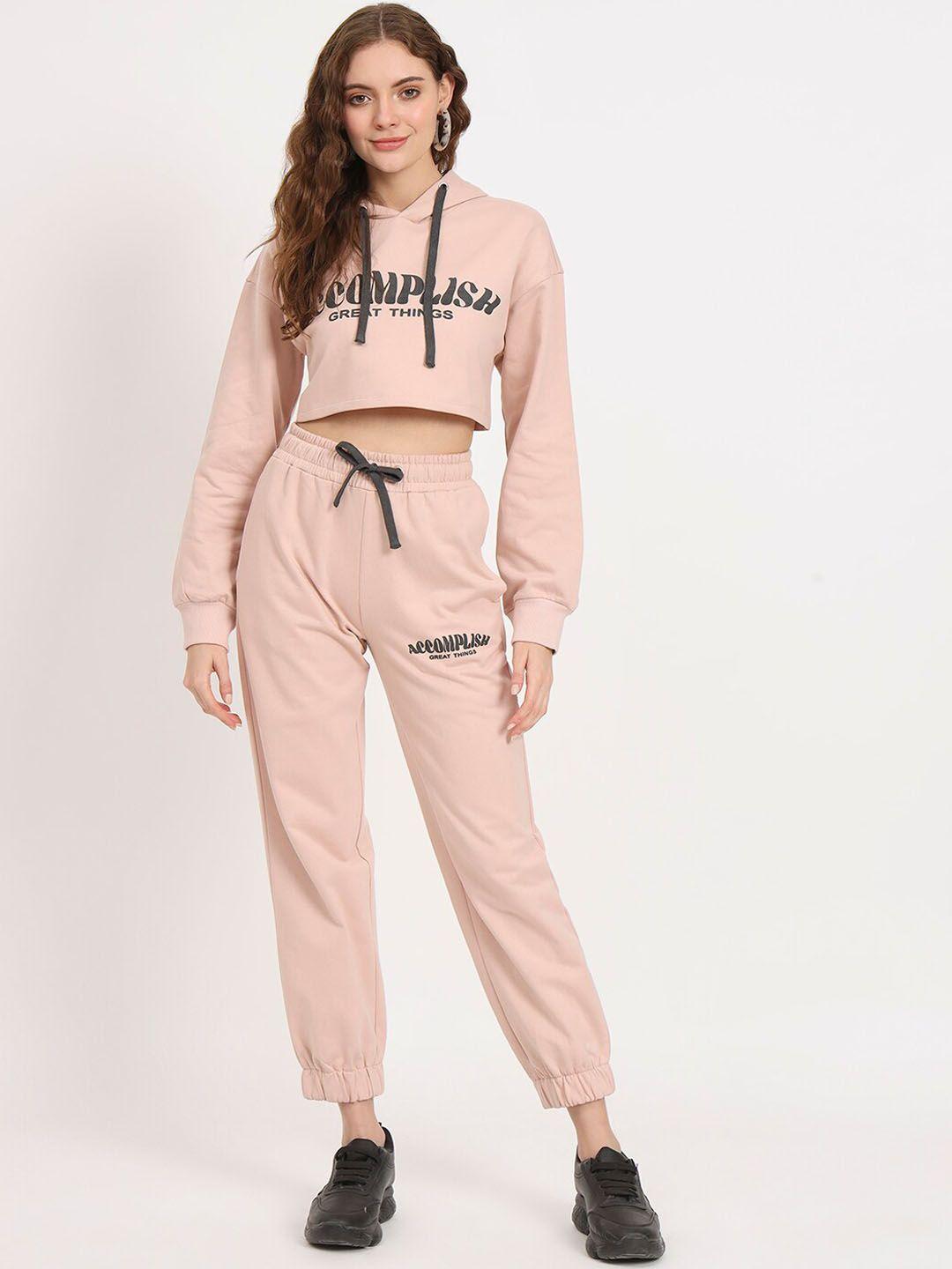 vividartsy typography printed hooded crop sweatshirt with mid-rise joggers