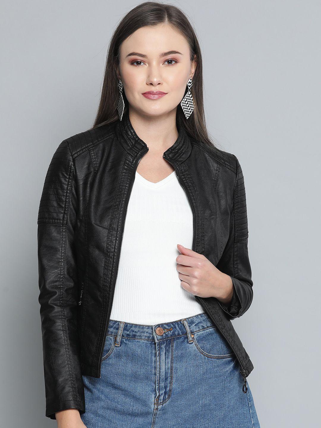 vividartsy women black solid biker jacket