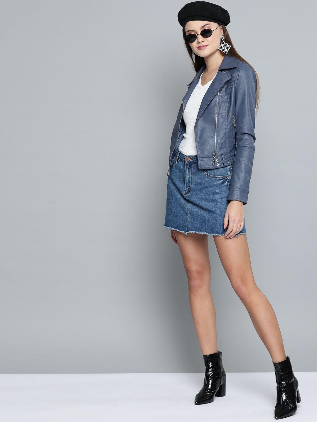 vividartsy women blue solid asymmetric closure biker jacket