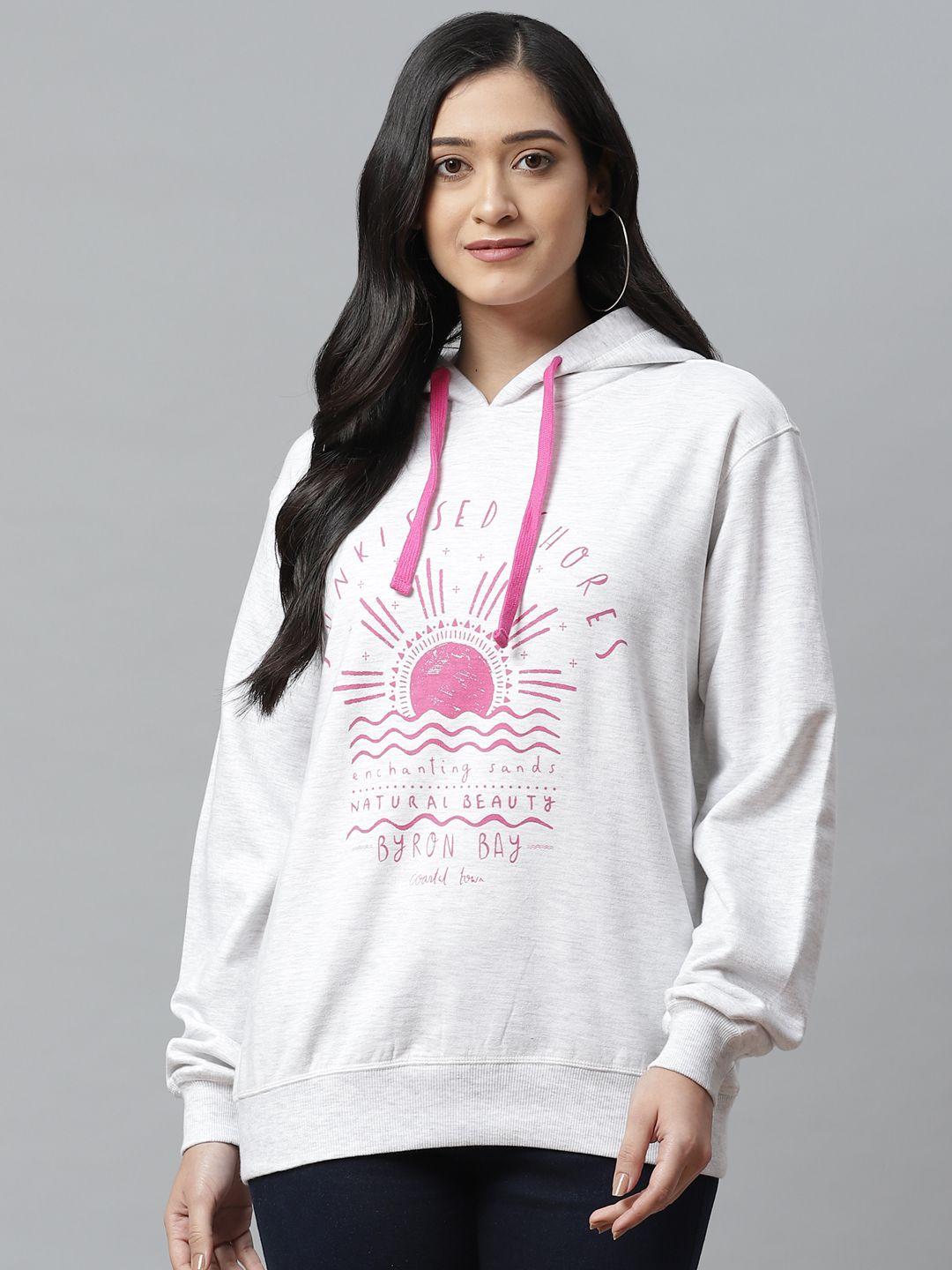 vividartsy women grey melange & pink printed hooded oversized sweatshirt