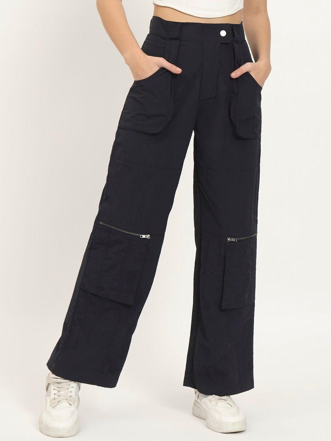 vividartsy women navy blue tapered fit joggers trousers
