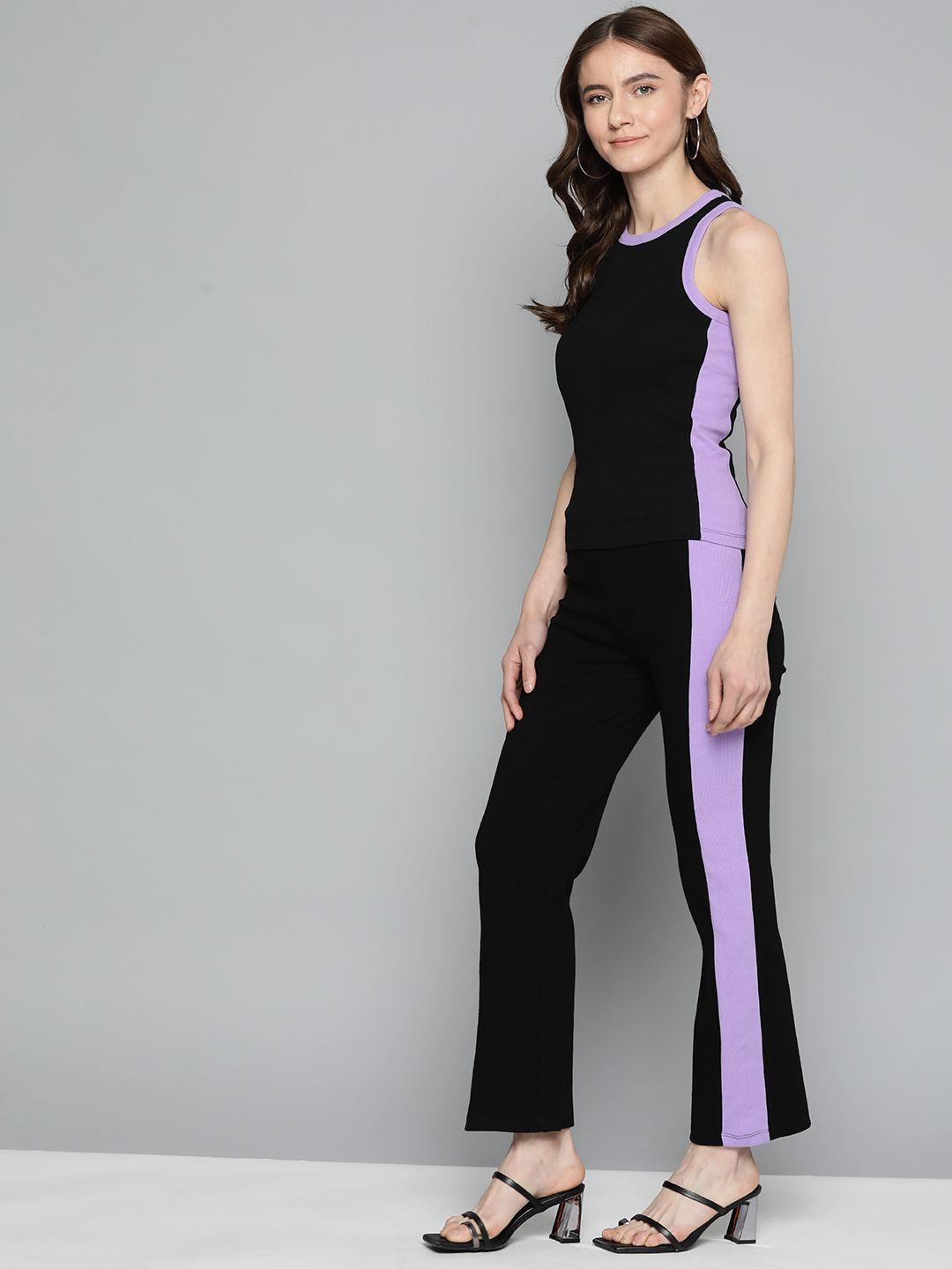 vividartsy women purple & black colourblocked top with trousers