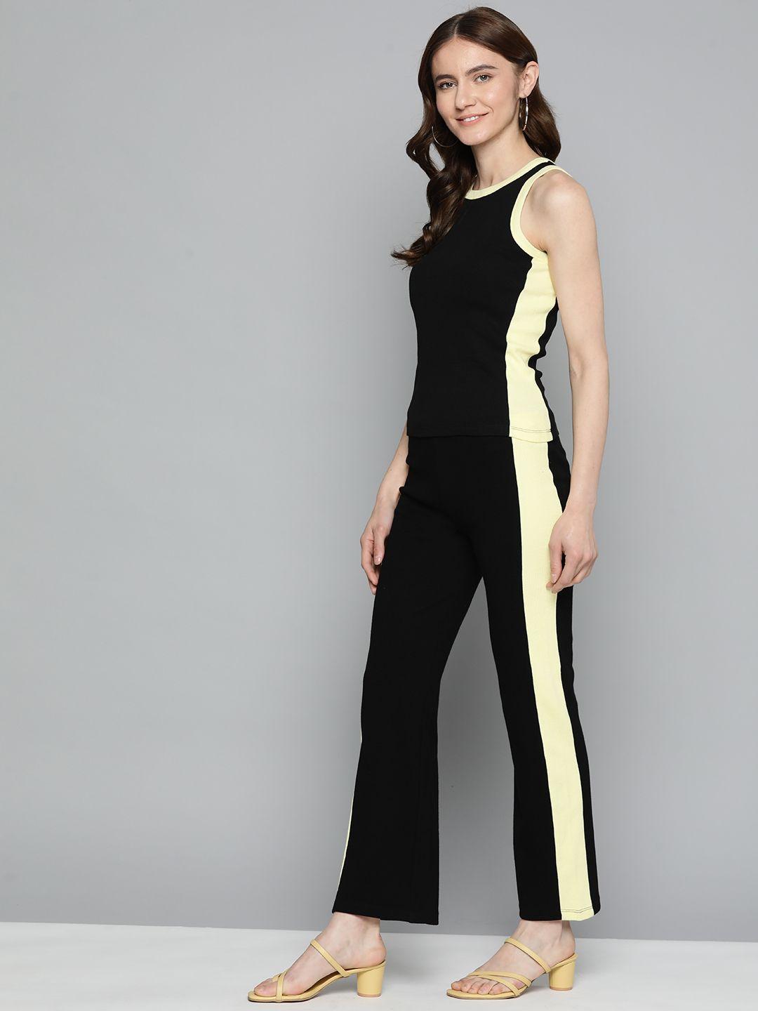 vividartsy women yellow & black colourblocked top with trousers