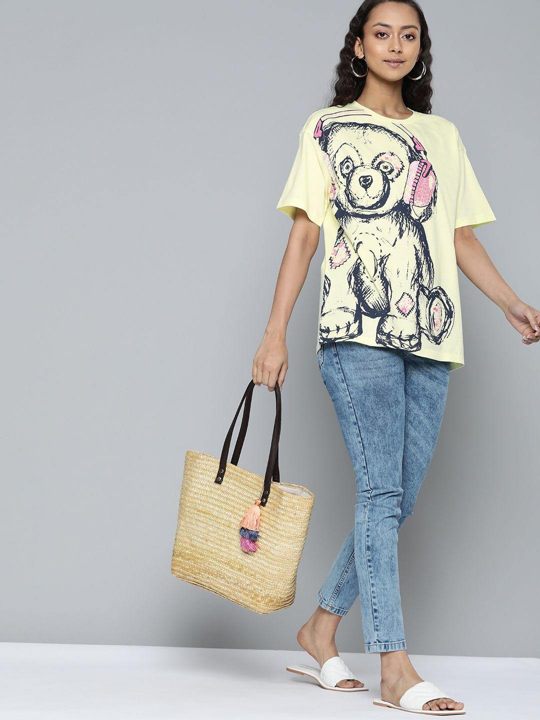vividartsy women yellow  navy blue teddy print pure cotton oversized pure cotton t-shirt with sequins