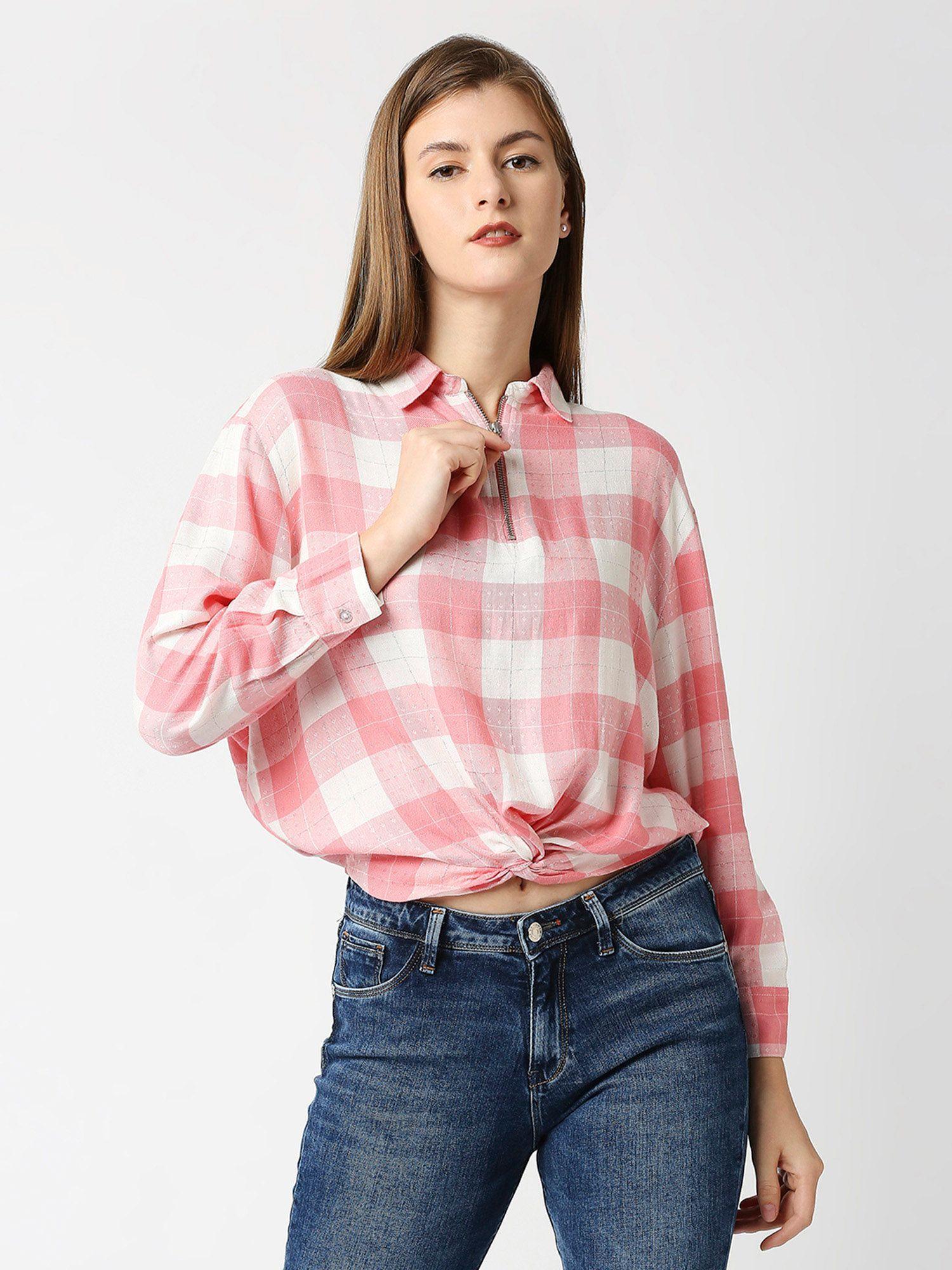 vivienne zip through collar detail shirt top with hem tie up