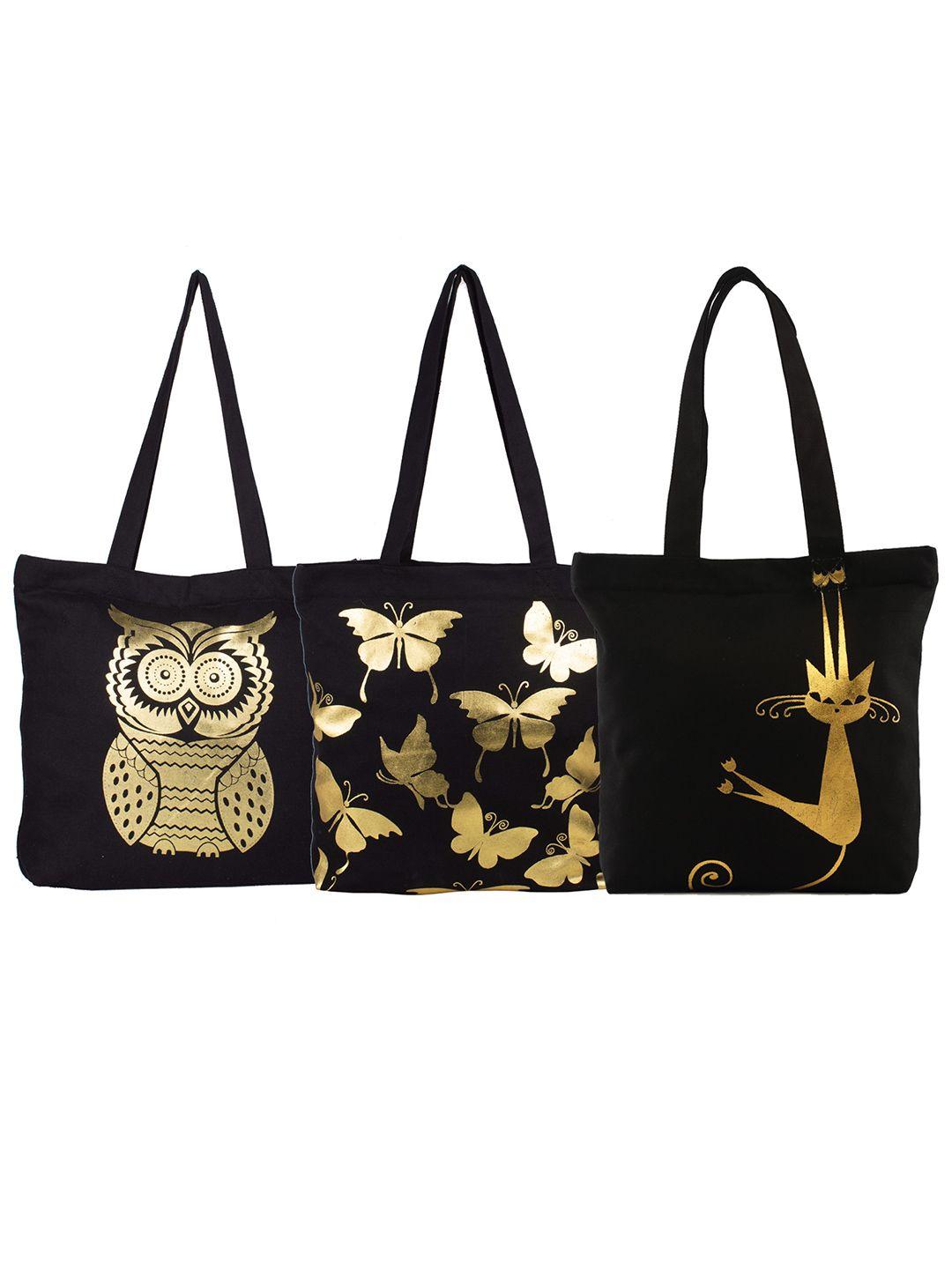 vivinkaa set of 3 black & gold-toned printed tote bags