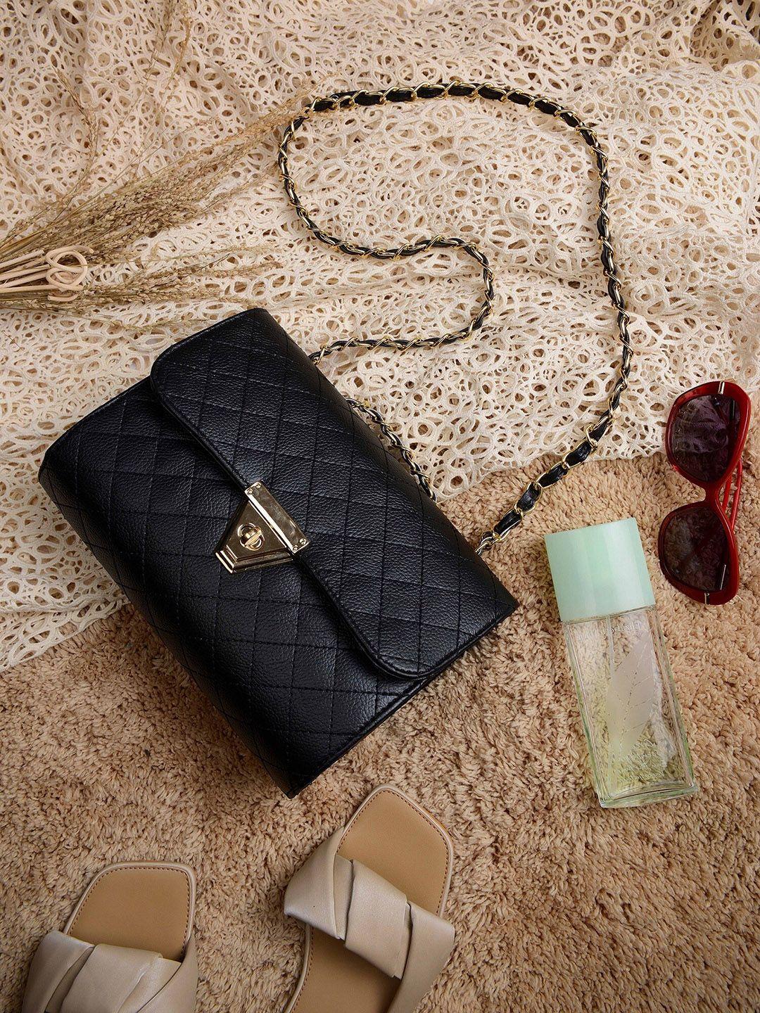 vivinkaa black textured structured sling bag with quilted