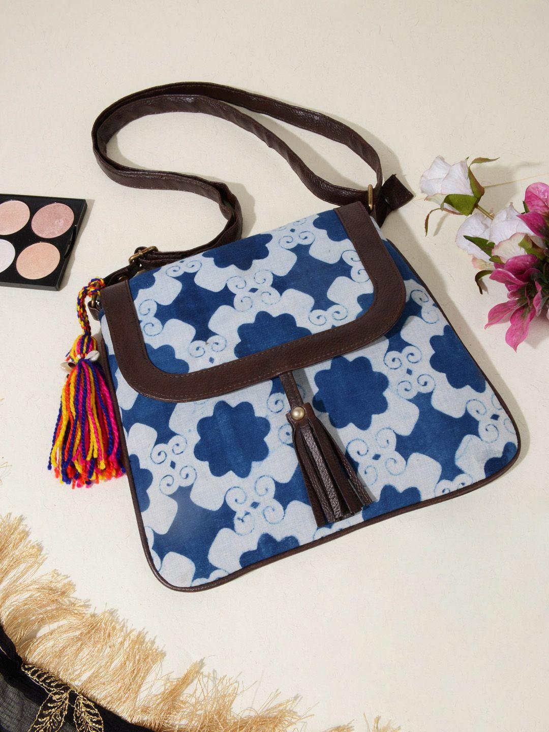 vivinkaa blue ethnic motifs printed structured sling bag with tasselled