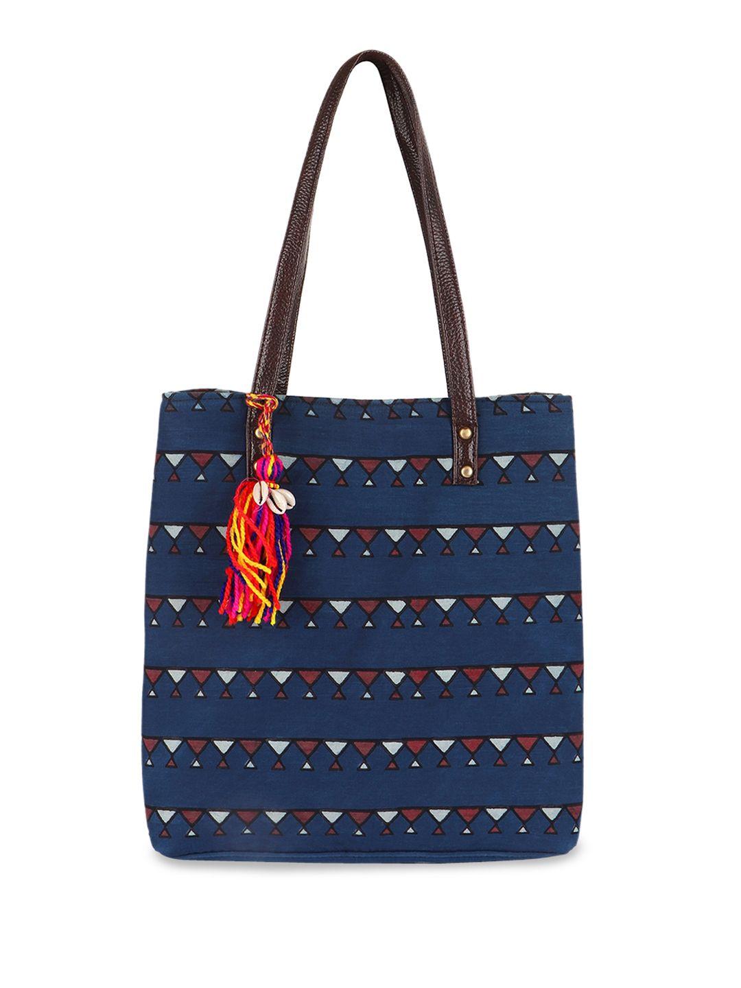 vivinkaa geometric printed cotton structured shoulder bag with tasselled