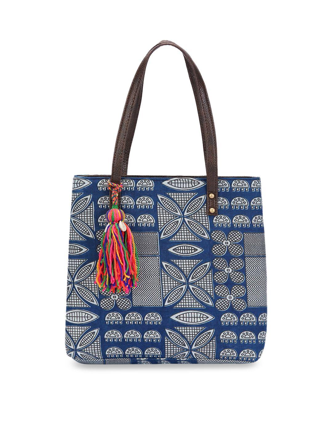 vivinkaa printed pu structured handheld bag with tasselled