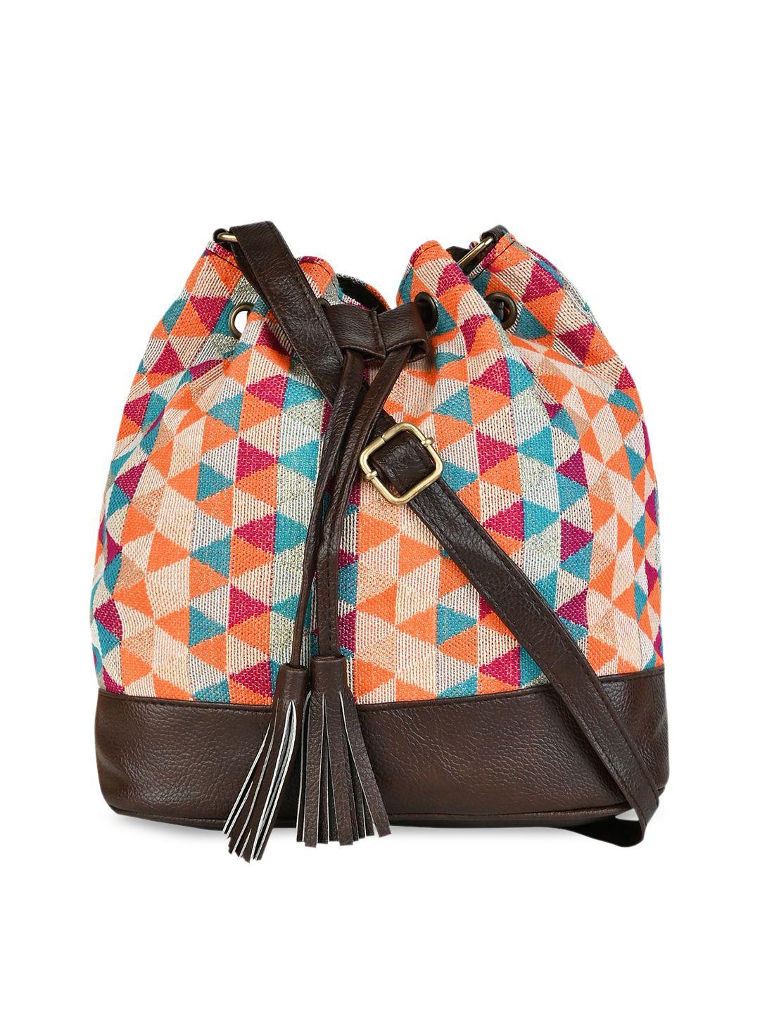 vivinkaa women geometric printed pu bucket sling bag with tasselled