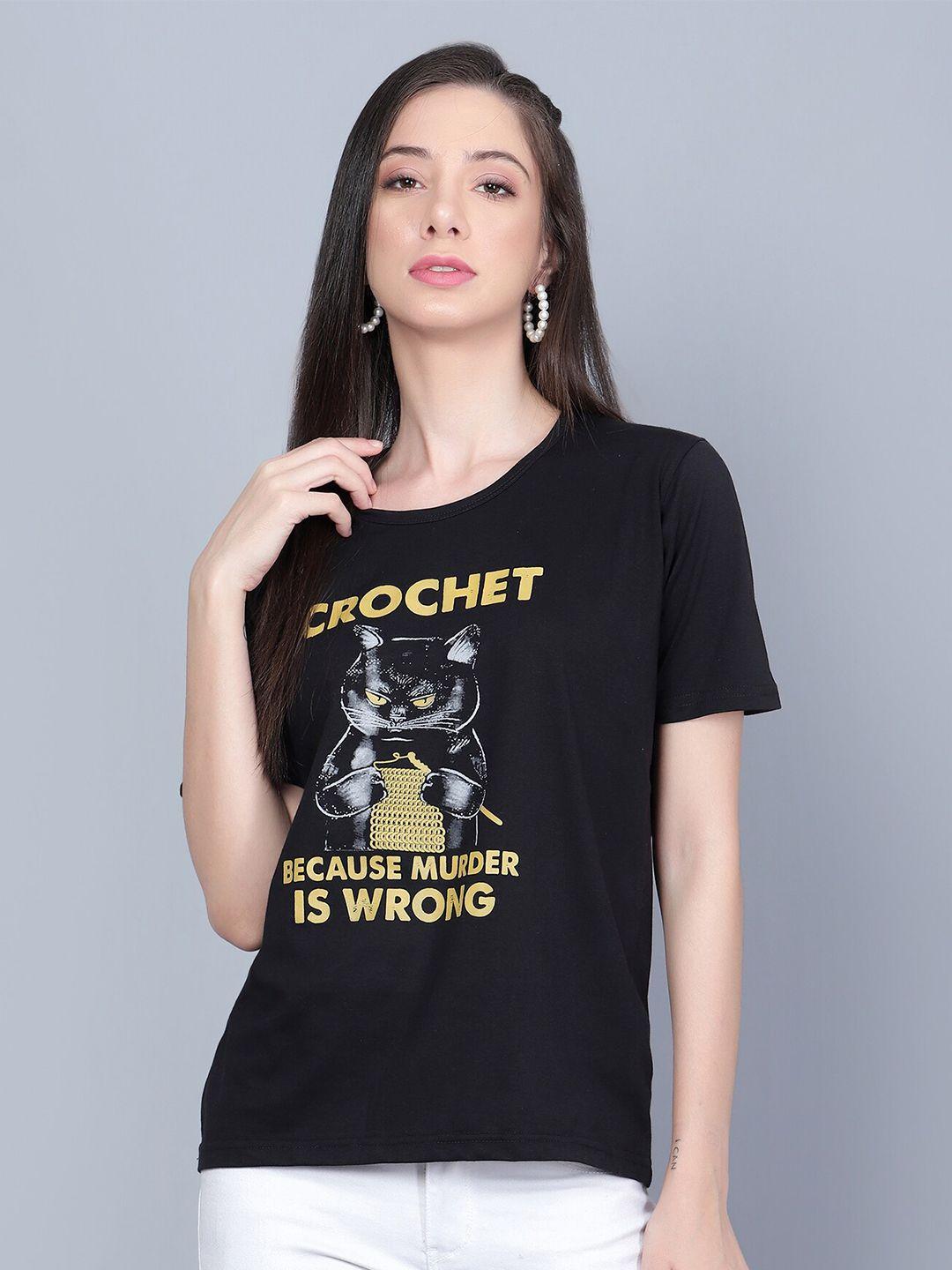 vivinks women black printed pure cotton applique t-shirt