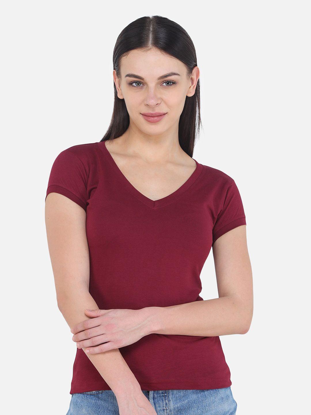 vivinks women maroon v-neck pockets t-shirt