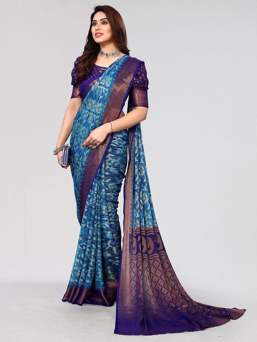 vivostav designer blue & gold-toned floral pure chiffon saree