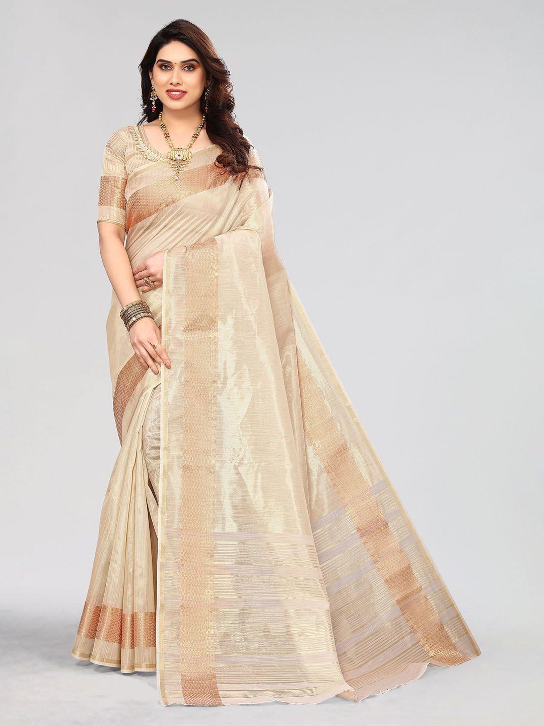 vivostav designer cream-coloured & gold-toned woven design zari silk blend banarasi saree