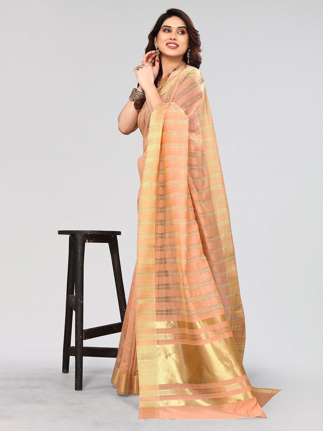 vivostav designer peach-coloured & gold-toned striped zari silk blend banarasi saree