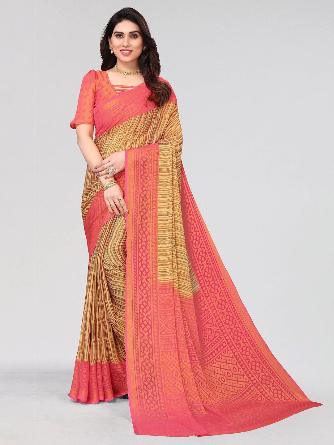 vivostav designer red & beige striped pure chiffon saree