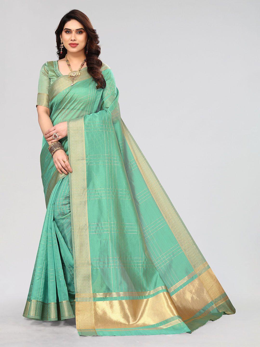 vivostav designer sea green & gold-toned checked zari silk blend banarasi saree