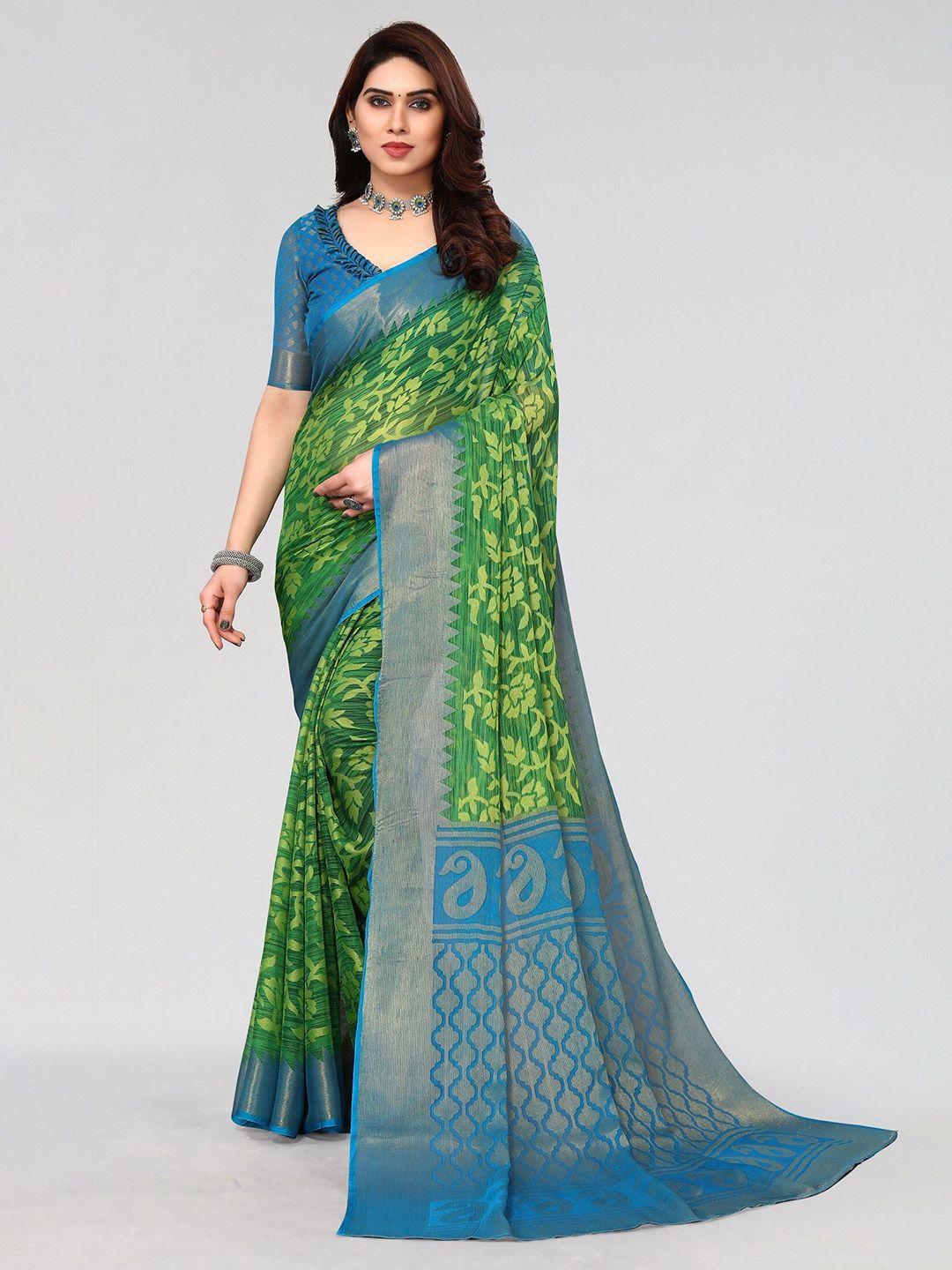vivostav designer green & blue floral pure chiffon saree