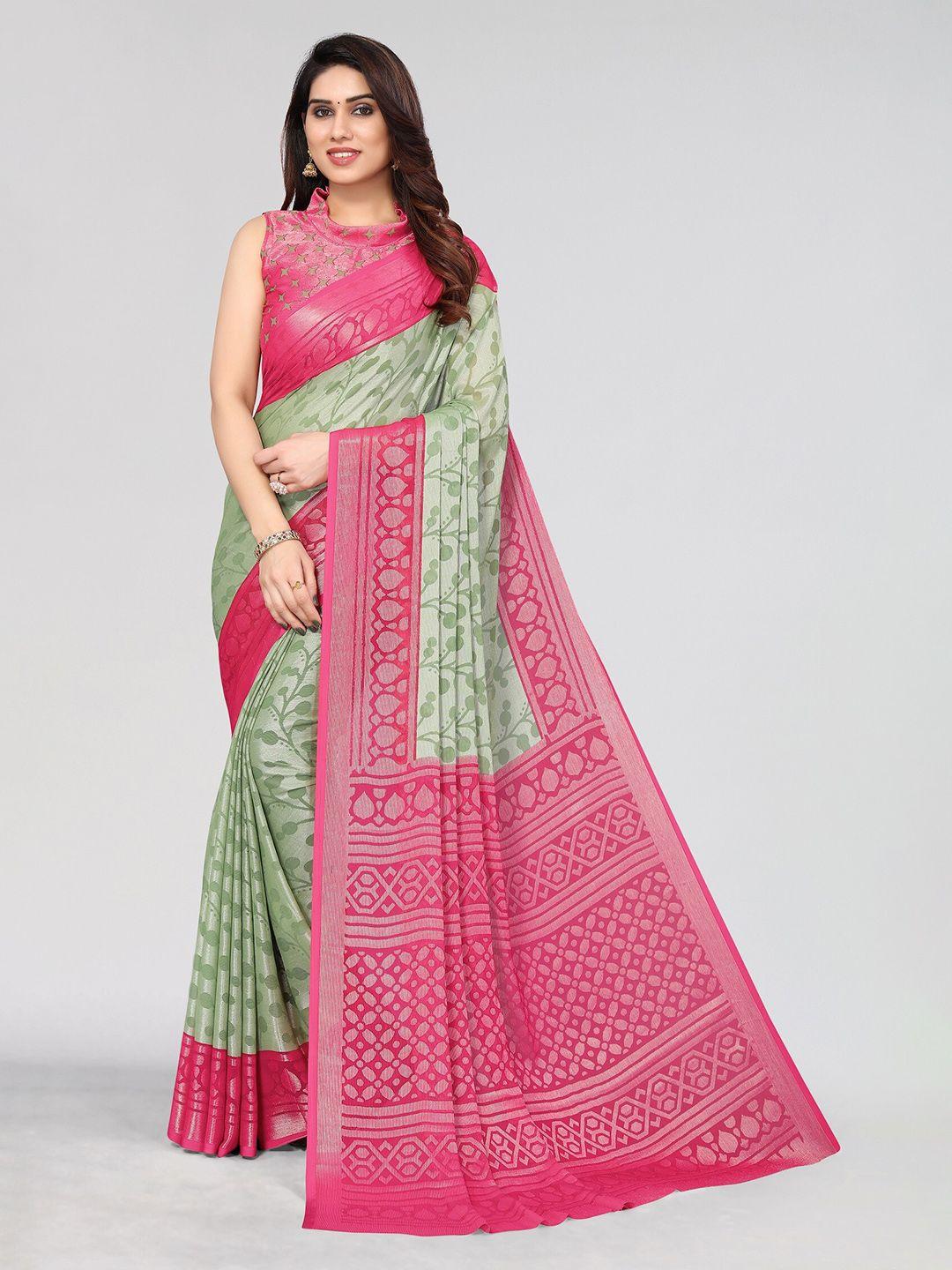vivostav designer green & pink pure chiffon saree