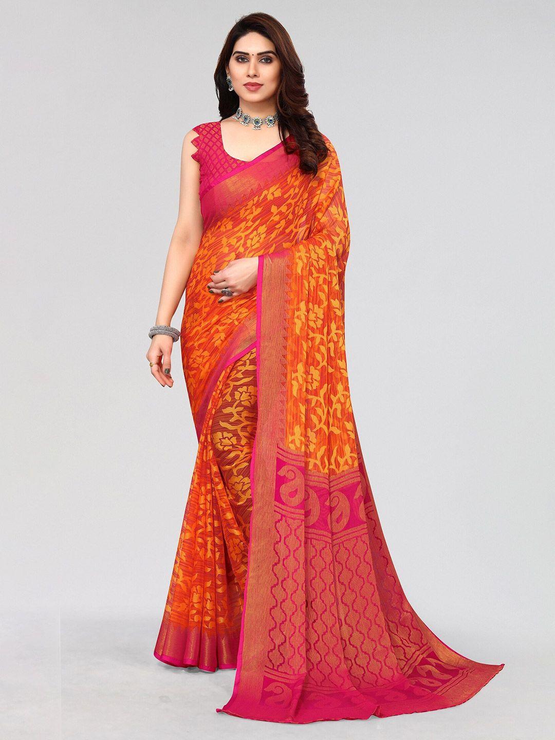 vivostav designer orange & pink floral pure chiffon banarasi saree