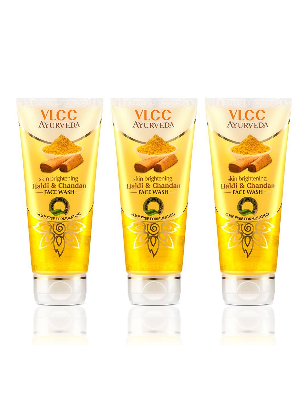 vlcc set of 3 ayurveda skin brightening haldi & chandan soap-free face wash - 100ml each