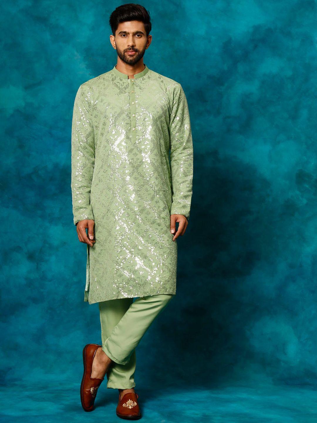 vm embellished mandarin collar regular sequinned kurta with pyjamas